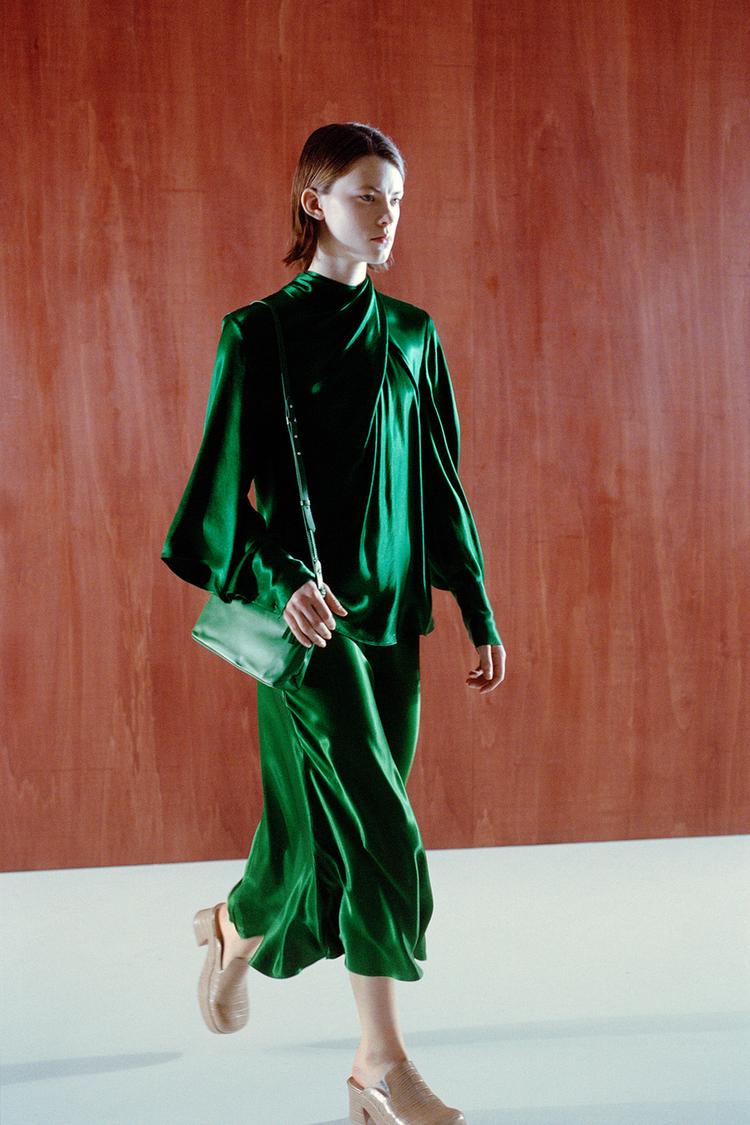 SATIN BLOUSE WITH TIES Green ZARA Turkey